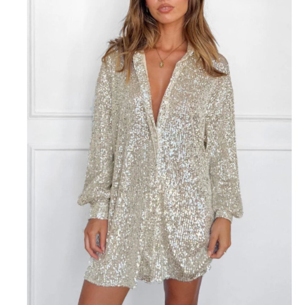 Main Strip Gold Sequin Oversized Button Up Shirt Size Small